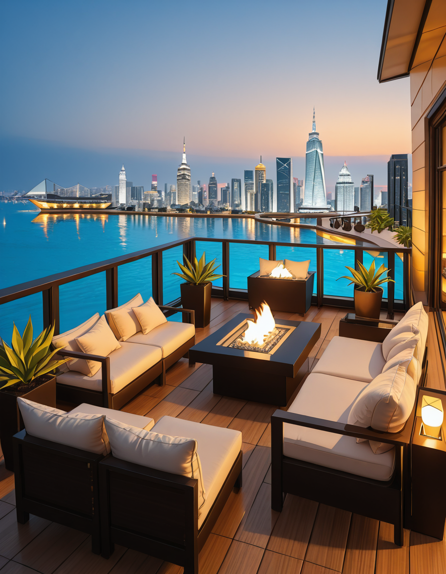 A breathtaking photo of a luxurious private rooftop at sunset, designed in a modern and elegant architectural style. The rooftop features a large infinity pool with crystal-clear water reflecting the warm golden hues of the sky. Surrounding the pool are plush, oversized lounge chairs with soft white cushions, neatly arranged under stylish wooden pergolas with flowing white curtains. In the background, a panoramic city skyline with shimmering skyscrapers stretches across the horizon. Ambient string lights hang delicately overhead, casting a soft, romantic glow. A chic outdoor bar with marble countertops is positioned on one side, decorated with fresh tropical plants and golden lanterns. The atmosphere feels serene and exclusive, with subtle reflections on the polished wooden floor. The lighting is a perfect mix of natural sunset tones and ambient soft white lights. The overall mood is peaceful, sophisticated, and inviting, ideal for an elite gathering or private escape.
<lora:SDXLFaeTastic2400:0.4> <lora:extremely_detailed:0.4> extremely detailed, <lora:luxurious_pr1v4t3_r00ft0p-i:1>,luxurious pr1v4t3 r00ft0p, Masterpiece,best quality,hi res,8k,hi res,8k,award winning,(sharp focus, intricate, highly detailed),