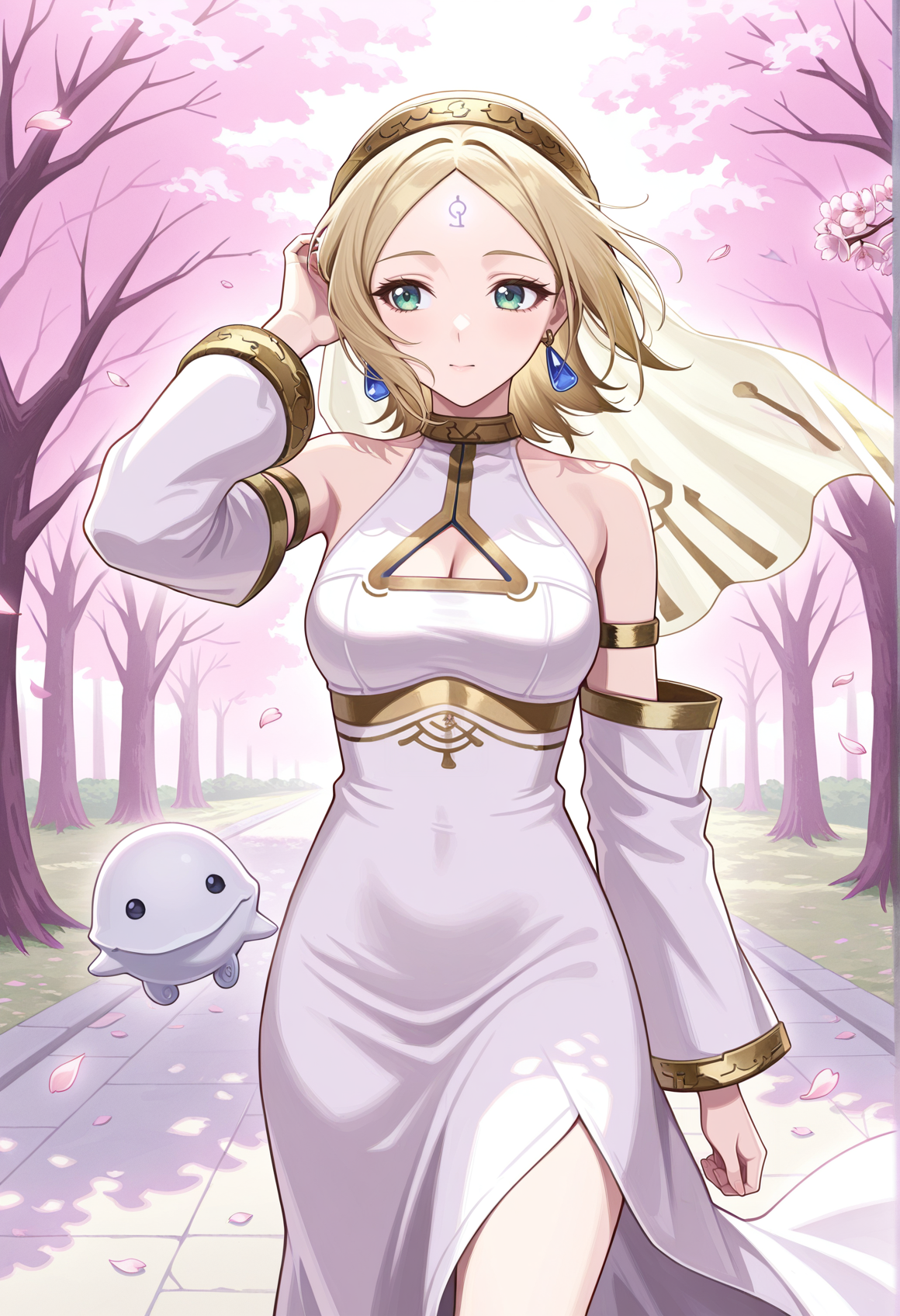1girl, solo, blonde hair, green eyes, short hair, forehead mark, parted bangs, earrings, white dress, bare houlders, detached sleeves, long sleeves, cleavage, veil, creature, walking, outdoors, cherry blossoms, petals, wind, hand on hair  <lora:fina_arcadia:1>, masterpiece, best quality, amazing quality, very aesthetic, absurdres, highres, newest