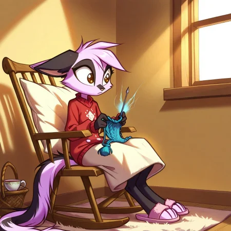 Dreamkeepers,1girl,Prelude_Vi,solo,furry,tail,source_furry,hazel eyes,
child, kid,
knitting_needles, yarn_ball, sweater, basket, rocking_chair, teacup, blanket, slippers, buttons, wool, window, pillow
Scene: A snug corner by a window with a rocking chair creaking softly, someone knitting a tiny sweater from fluffy wool, needles moving rhythmically. Yarn_ball tumble in a wicker basket, a teacup balances on the armrest, and a blanket drapes over their lap. Cute buttons shaped like stars wait to be sewn on, slippers peek out from under the chair, and a pillow props them up as sunlight streams in, warming the sweet, homey moment.