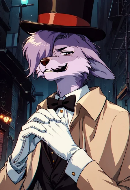 solo, 1boy, (fluffy: 0.75), source_furry, source_anime, skinny (anthro wolf), (long snout), (thin black pencil mustache on side of snout: 1.15), (dark red nose: 1.05), (large nose), (long ears), (light purple fur), (light purple skin), (beige colored top hat with dark band: 1.2), (top hat), (beige cape), (long sleeved light grey suit), (suit jacket), (red bowtie), (thick glass monocle over right eye: 1.2), (round eyewear over right eye), (short white gloves: 1.25), looking at viewer, looking down, (hands clasped together), (evil hands), (smug facial expression), (devious grin), Victorian London, alleyway, (low angle), (portrait), (side view: 0.7), (upper body), (knva), (retro artstyle), (halftone effect), score_9, score_8_up, score_7_up, score_6_up, score_5_up, score_4_up