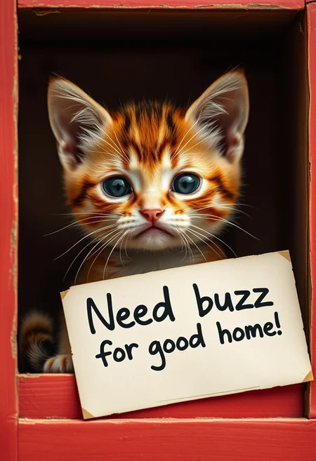 cute sad kitten in box with a sign that says "Need buzz for good home", high red, 4k, detailed,