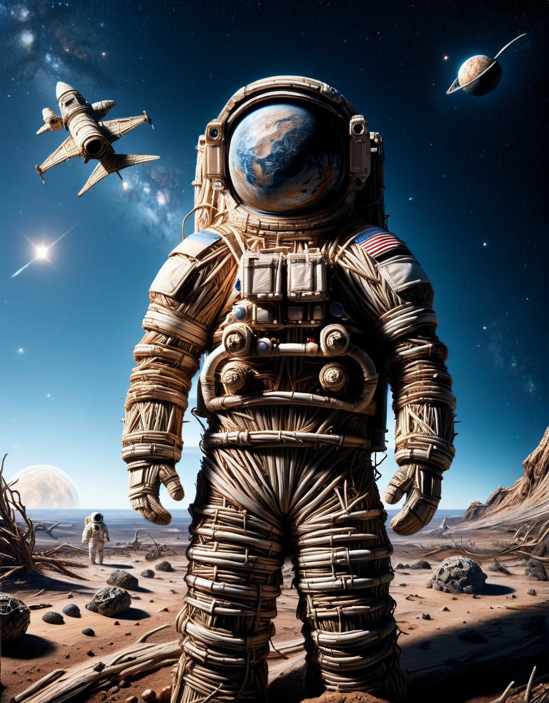 An ais-stcks astronaut exploring the surface of a distant planet, with a detailed rover in the background and a vast, star-filled sky above, highlighting the isolation and beauty of space exploration <lora:ais-stcks-sdxl:1>