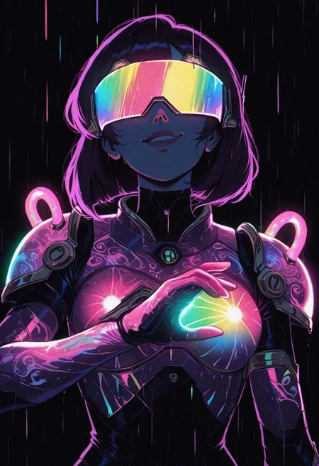 ajnblyst, 1girl, solo, bounty hunter, vibrant neon armor, rainbow light reflections, high contrast, cinematic lighting, black background, slick futuristic visor, glowing cyan and pink details, graffiti-covered armor, cybernetic gloves, confident smirk, rain-soaked, pulsing neon energy, intense presence, urban sci-fi, rainbow glow on metal