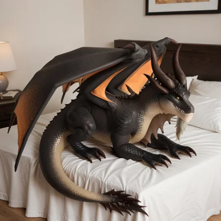 score_9, score_8_up, score_7_up, score_6_up, score_5_up, score_4_up, masterpiece, high quality, realistic, detailed, best quality, white bed, solo, rating_safe, source_furry, bedroom, smiling, seductive pose, lying on back, looking at viewer, on bed, full body, ebyssian_wc, dragon, black scales, orange wings, horns, tail, tail end, claws, male, 1boy, yellow sclera, black pupils, chest fins, feral