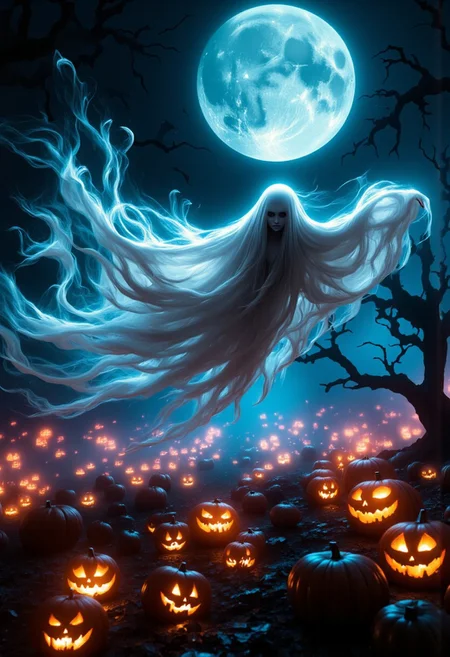 score_9, score_8_up, score_7_up, full body, long shot,  perfect fantasy painting, white Halloween ghosts 