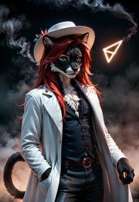 score_9, score_8_up, score_7_up, score_6_up, photorealistic, epiCPhotoGasm-colorfulPhoto, Realistic, highres, super high resolution, 8k, photo, furry, Furry, anthro, fur, realistic, male, male, male, detailed, tail, detailed fur, Realistic, highres, super high resolution, 8k, photo, furry, anthro, fur, cat, thin body, black, black fur (detailed fur), detailed fur, fluffy, bright green eyes, body, long hair, red hair, beautiful legs, black nose, gray fur around the nose, gray fur around the eyes, red hair, (((triangle of fur on the forehead))), (((gray eyebrows) )), black body, black ears, cat tail, black smooth tail with gray stripes, grey body, grey fur, thin body, stands, black fur, black, red hair, long hair, red hair, furry, anthro, anthro, furry, anthro, anthro, male, male , white coat, noire, black backgroung, smoke, black background, black smoke, night, fog, dark fog, black fog , white hat, grey face, male