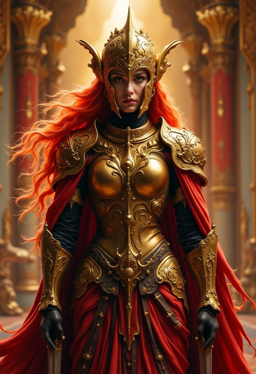 a cinematic shot of a female warrior wearing an intricately decorated golden light armor and a full helmet covering the face. Long bright red hair flowing down swayed by the wind. The eyes glow with golden light. She has two blades attached to the wrist plates of her armor. She stands prepared for the combat. The scenery is a large hall in a majestic palace made out of gold and white stone, decorated with red and golden cloth.