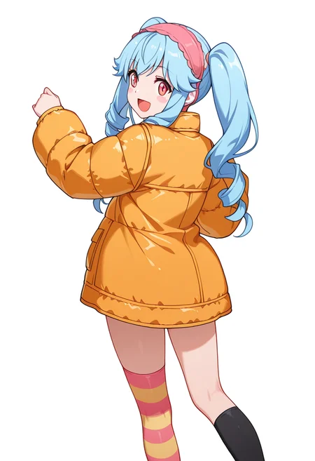 masterpiece,high quality details, absurdres,
one arm raised vertically, opposite leg extended laterally, standing balance ,
<lora:Michiru_Kusagakure:0.8>
michiru_cnr, 1girl, blue hair, long hair, twintails, drill hair, sidelocks, orange eyes, blush stickers,hairband,, :d,, simple background, white background, from behind,solo,, puffer jacket ,leather jacket ,striped thighhighs, ,mismatched legwear kneehighs,