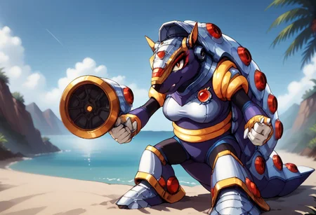 score_9, score_8_up, score_7_up, score_6_up, score_5_up, score_4_up, cowboy shot, armored animal, maverick, robotic, no humans, shell, legs, megaman x, solo, armadillo, megaman, female, genderbending, sexy, looking at viewer, purple + gold armor, (large breasts:1.3), smug smile, feminine eyelashes, blue skies, 1girl, (red eyeshadow:1.6), armadillo form, anthro, view from above, crossed arms, one eye closed, wink
