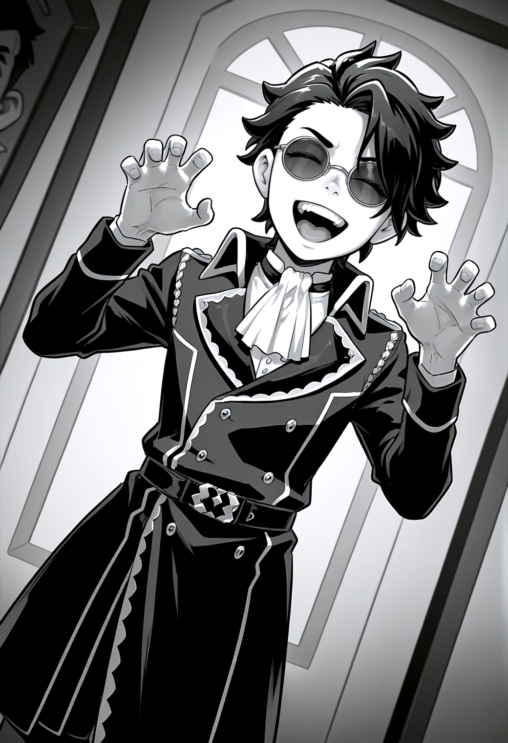 IllustriousQual <lora:StS-Illustrious-Detail-Slider-v1.0:2> <lora:cfg_scale_boost:0.3>,detailed_background,indoors,monochrome,twisted wonderland,male focus,round eyewear,ascot,coat,facing viewer,short hair,missing tooth,standing,solo,dutch angle,cowboy shot,1boy,claw pose,skully j. graves,sunglasses,greyscale,fuji den fujiko