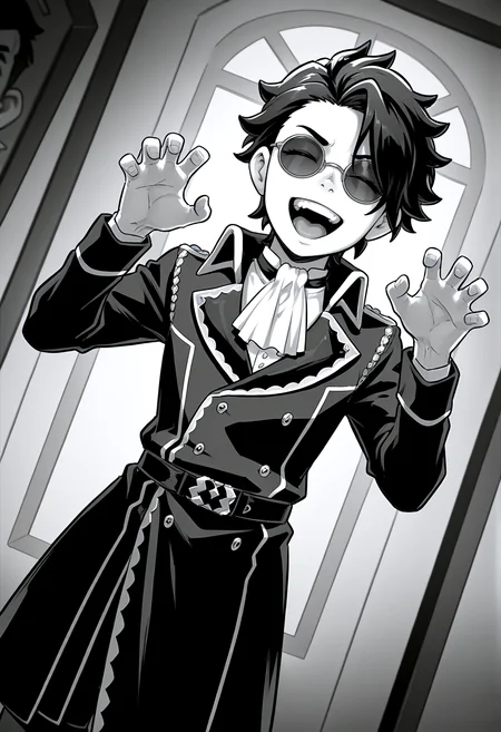 IllustriousQual <lora:StS-Illustrious-Detail-Slider-v1.0:2> <lora:cfg_scale_boost:0.3>,detailed_background,indoors,monochrome,twisted wonderland,male focus,round eyewear,ascot,coat,facing viewer,short hair,missing tooth,standing,solo,dutch angle,cowboy shot,1boy,claw pose,skully j. graves,sunglasses,greyscale,fuji den fujiko