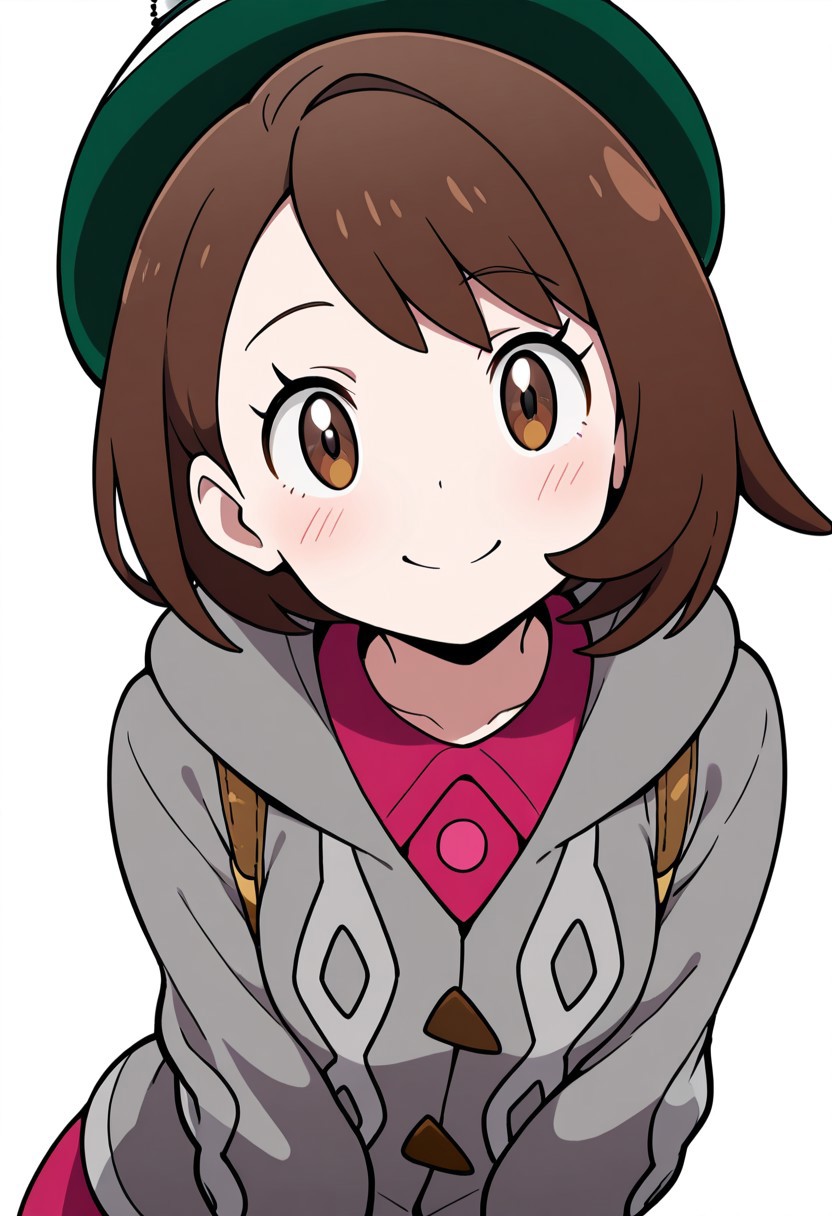 masterpiece, best quality, solo, curvy, beautiful eyes, girl, solo, smile, looking at viewer, dynamic pose, from below, (fisheye), foreshortening, close up,  (leaning forward, eye focus, side view), 
(upper body), white background,
zzGloria, brown hair, brown eyes, green hat, grey cardigan, hooded cardigan, cable knit, pink dress, long sleeves, collared dress