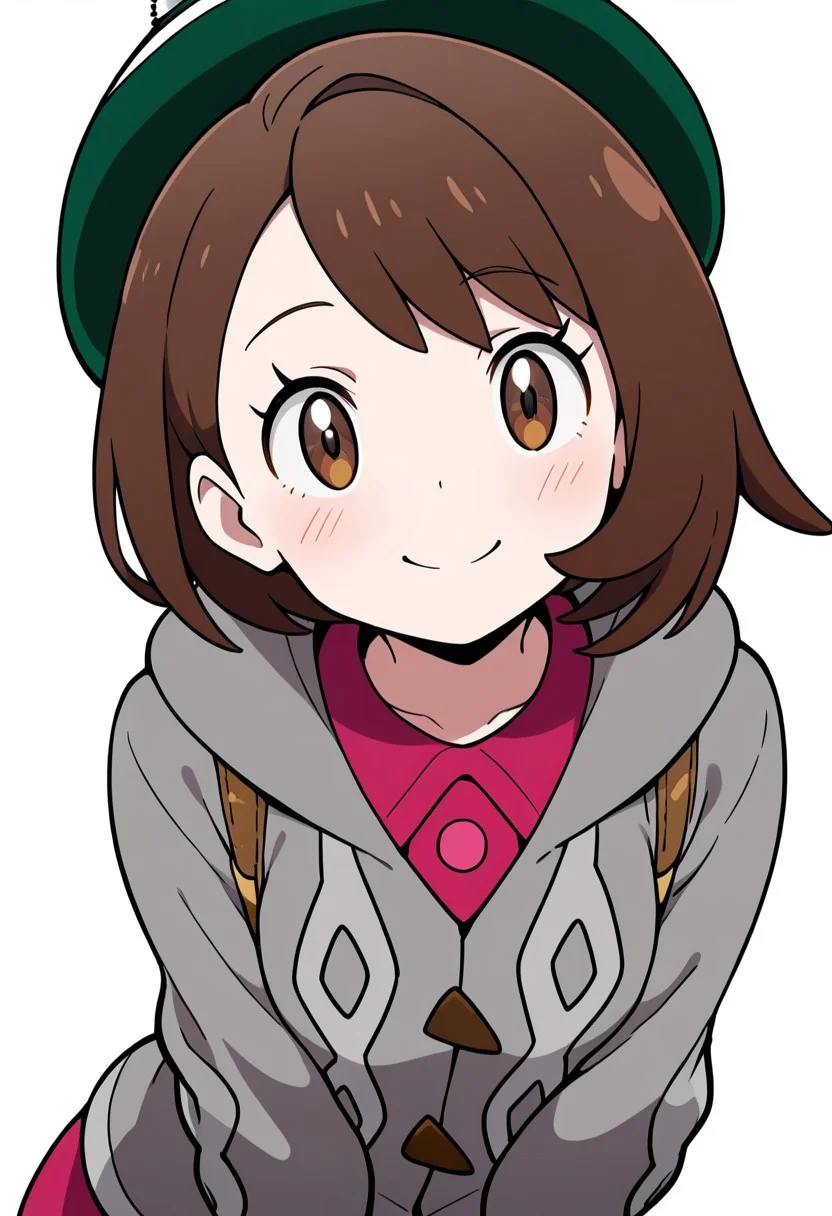 masterpiece, best quality, solo, curvy, beautiful eyes, girl, solo, smile, looking at viewer, dynamic pose, from below, (fisheye), foreshortening, close up, (leaning forward, eye focus, side view),
(upper body), white background,
zzGloria, brown hair, brown eyes, green hat, grey cardigan, hooded cardigan, cable knit, pink dress, long sleeves, collared dress