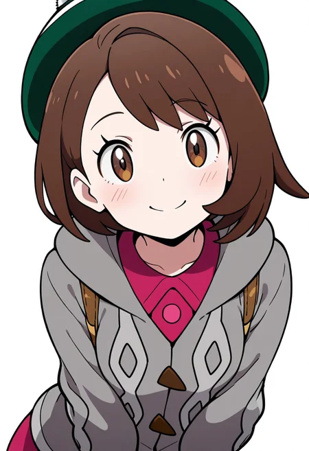masterpiece, best quality, solo, curvy, beautiful eyes, girl, solo, smile, looking at viewer, dynamic pose, from below, (fisheye), foreshortening, close up, (leaning forward, eye focus, side view),
(upper body), white background,
zzGloria, brown hair, brown eyes, green hat, grey cardigan, hooded cardigan, cable knit, pink dress, long sleeves, collared dress
