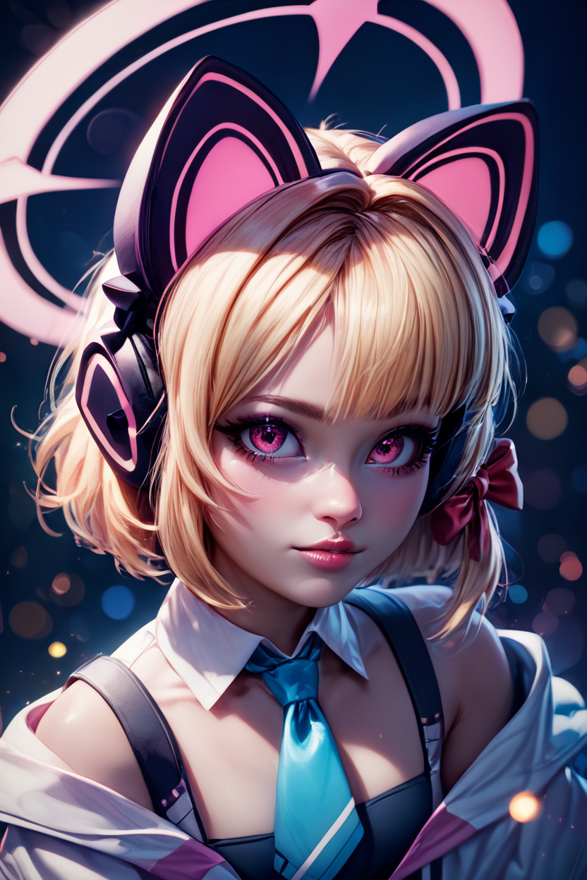 score_9, score_8_up, score_8, medium breasts, (curvy), cute, eyelashes,       BREAK, , ,,, zzMomoi, blonde hair, animal ears, fake animal ears, animal ear headphones, headphones, short hair, bow, halo, cat ear headphones, hair bow, red bow, pink eyes, pink halo, tail, cat tail, red eyes, collared shirt, long sleeves, pleated skirt,  white shirt, black skirt, blue necktie, white jacket, wide sleeves, black thighhighs, suspender skirt ,<lora:Momoi_BlueArchive_PDXL:0.8>,    ,,,, BREAK,  (ultra realistic,32k, masterpiece:1.2),(high detailed skin:1.1),( high quality:1.1), head tilt, lips, closed mouth, shiny clothes, (upper body), looking at viewer, bokeh, luminescent background, ,,, embedding:zPDXL, Expressiveh, ,,, <lora:RlAnmPDXL:1.0>,