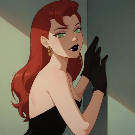 score_9, score_8_up, score_7_up, solo, 1girl, lipstick, red hair, long hair, green eyes, no pupils, strapless dress, black dress, black gloves, looking at viewer, earrings, Veronica Vreeland, leaning on wall, cup in hand