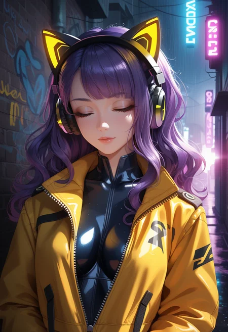 score_9, score_8_up, score_7_up, source_anime,
1girl, sk997cos_bodysuit, sk01 jacket, yellow jacket, cat ear headphones,
closed jacket,
purple hair,
wavy hair ,
perfect eyes,
portrait, neon lights, rain, depth of field, bokeh, dramatic lighting, rays of light,
graffiti, dim lighting, alley, looking at viewer, dynamic pose,
cyberpunk city,
<lora:997sk cosplay PonyV3:0.8>