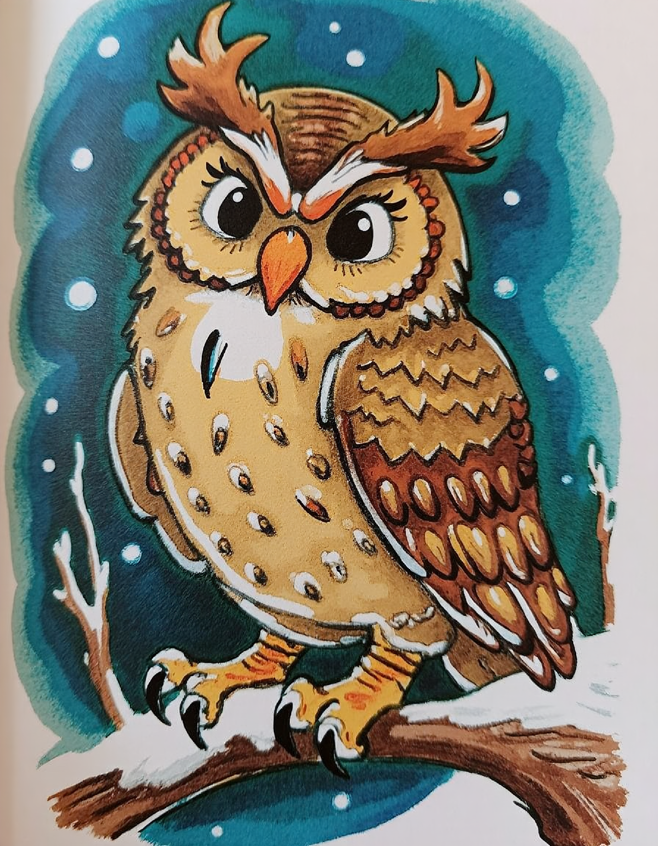 a detailed, hand-drawn illustration in a whimsical, cartoon style, rembrandt style, classic children's storybook illustration. The illustration's colors are vibrant and bold, with a mix of warm and cool tones that enhance the character's lively and friendly appearance. The overall style is reminiscent of classic children's storybook illustrations.
an owl sitting on a branch on a winter evening