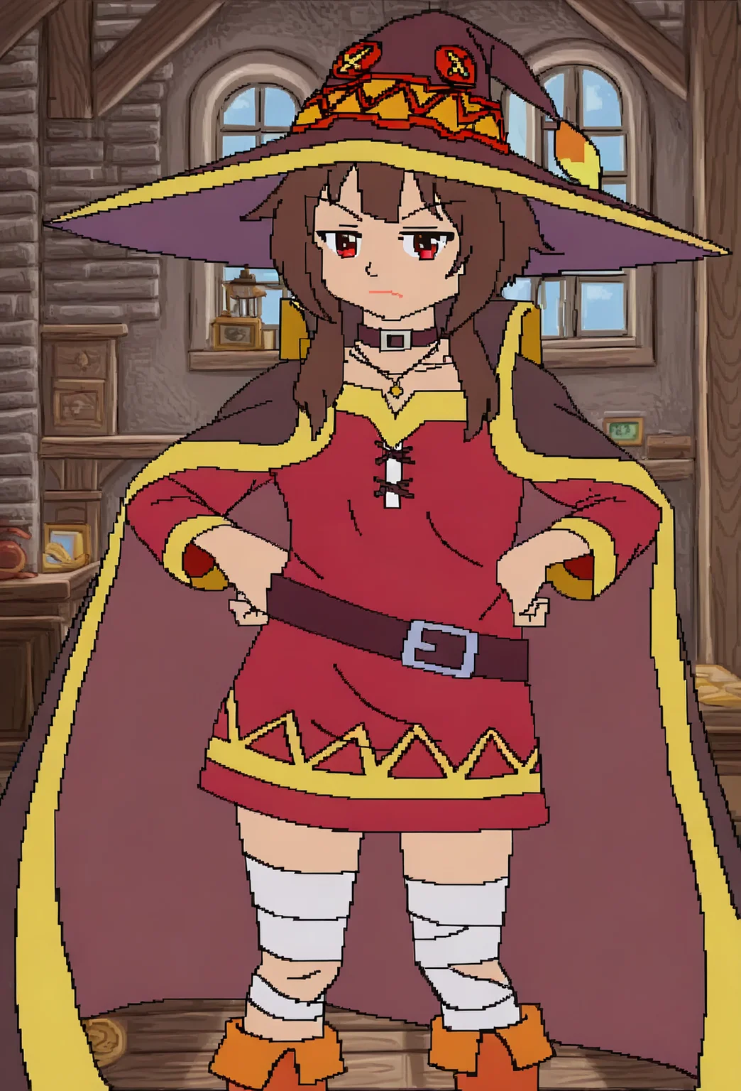 <lora:cdi-style_vpred-noobaiv10_:1> best quality, masterpiece, cdi style, flat colors, solo, megumin \(konosuba\), human, mammal, bandage, belt, boots, brown hair, clothed, clothing, female, footwear, hair, hat, headgear, headwear, jewelry, looking at viewer, necklace, red eyes, indoors, window, solo, standing, wizard hat, upper body, close-up, frowningâââ