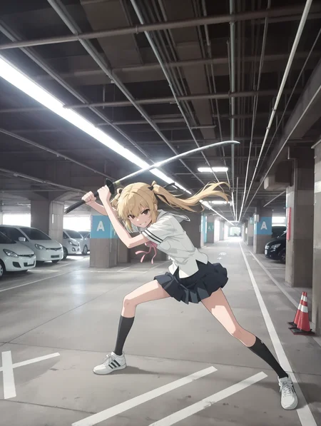 masterpiece,best quality,newest,
1girl,solo,
<lora:mpl_ilxl_v1.1:1>,m_p_l,car,ground vehicle,road sign,traffic cone,vanishing point,high ceiling,high ceiling,<lora:s_raimei_ilxl_v1.0:1>,s_raimei,blonde hair,hair bow,twintails,brown eyes,r_clothes,serafuku,ribbon tie,white shirt,black pleated skirt,black kneehighs,sneakers,r_katana,red scabbard,standing,open_stance,grin,smirk,holding scabbard,