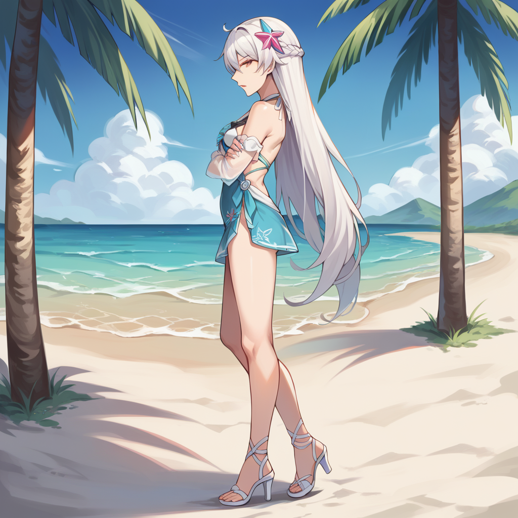 score_9_up, score_8_up, score_7_up, score_6_up, source_anime, 1girl, solo, HoV, HoV_Swimsuit, masterpiece, best quality, standing, crossed arms, bored, open mouth, from side, side profile, looking at you, long hair, white hair, yellow eyes, kiana kaslana, high heels, sandals, dark persona, white footwear, hair between eyes, summer uniform, bikini bottom only, see-through, sidelocks, bare shoulders, shell hair ornament, detached sleeves, swimsuit, sundress, mature body, dynamic cowboy shot, outdoors, palm trees, beach ocean background