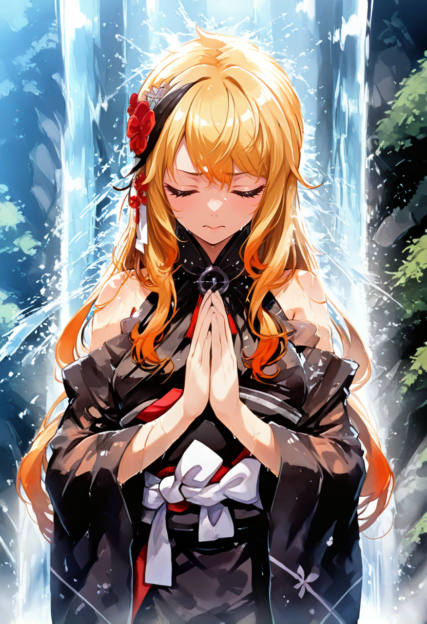 masterpiece,best quality, absurdres, anime style, CG,
cinematic lighting, natural shadow, highest detail, detailed background, intricate scenery, depth of field, insane details, intricate, subsurface scattering,
1girl, very aesthetic, from front, close up, upper body,
serene atmosphere, 
outdoors, waterfall,
standing, stand still, wet kimono, wet cloth, palms together, meditating, meditation, closed eyes, closed mouth,
finely detailed face, beautiful face,
<lora:InkWashpainting:1.5>,
<lora:kaelaIL:1.0> kaelaIL, kaelakimono, japanese clothes, black kimono, wide sleeves, hair flower, bare shoulders, long hair,
<lora:9_WaterfallShower:0.95> waterfall shower, under waterfall