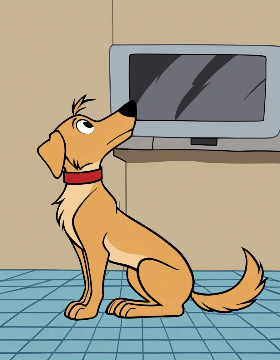 solo, sitting, standing, tail, full body, ahoge, indoors, black eyes, collar, from side, no humans, profile, animal, furry, dog, tiles, tile floor, animal focus, animalization, red collar,
indoors, television,
<lora:dexterlab:1>