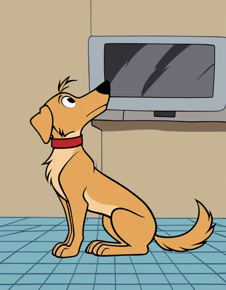 solo, sitting, standing, tail, full body, ahoge, indoors, black eyes, collar, from side, no humans, profile, animal,  furry, dog, tiles, tile floor, animal focus, animalization, red collar,
indoors, television,
<lora:dexterlab:1>