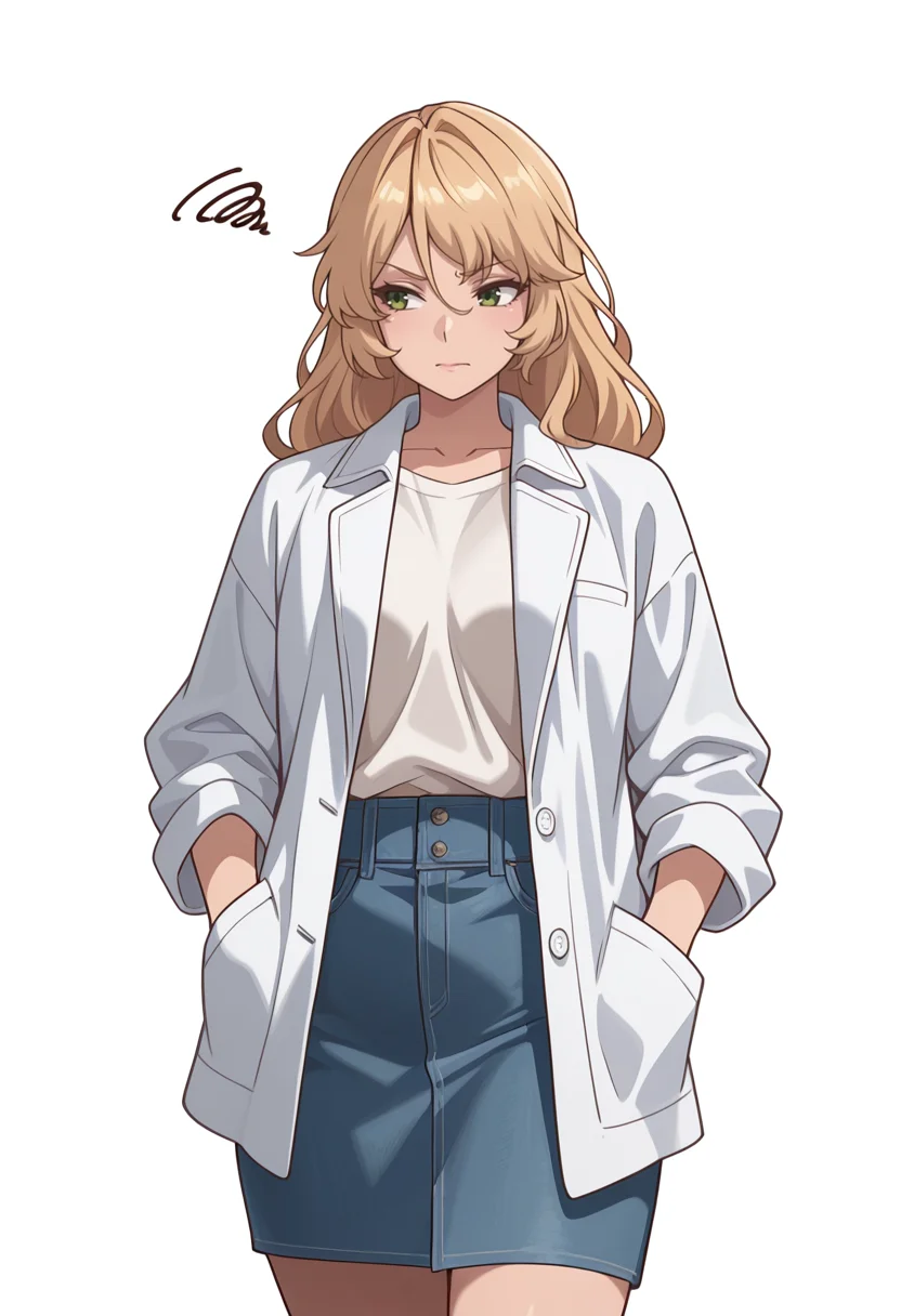 Smooth Quality,masterpiece,very intricate, high quality details, ultra realistic, high detailed skin,detailed enviorement,absurdres,
simple background, white background,
front view,walking, one hand in pocket, looking aside, casual, confident, ,frustrated,
<lora:Blade_cnn:0.8>bladecnn,1girl, blonde hair, green eyes, long hair,
qipao top, ,chef coat, ,denim skirt, ,