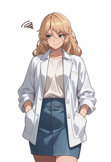 Smooth Quality,masterpiece,very intricate, high quality details, ultra realistic, high detailed skin,detailed enviorement,absurdres,
simple background, white background,
front view,walking, one hand in pocket, looking aside, casual, confident, ,frustrated,
<lora:Blade_cnn:0.8>bladecnn,1girl, blonde hair, green eyes, long hair,
qipao top, ,chef coat, ,denim skirt, ,