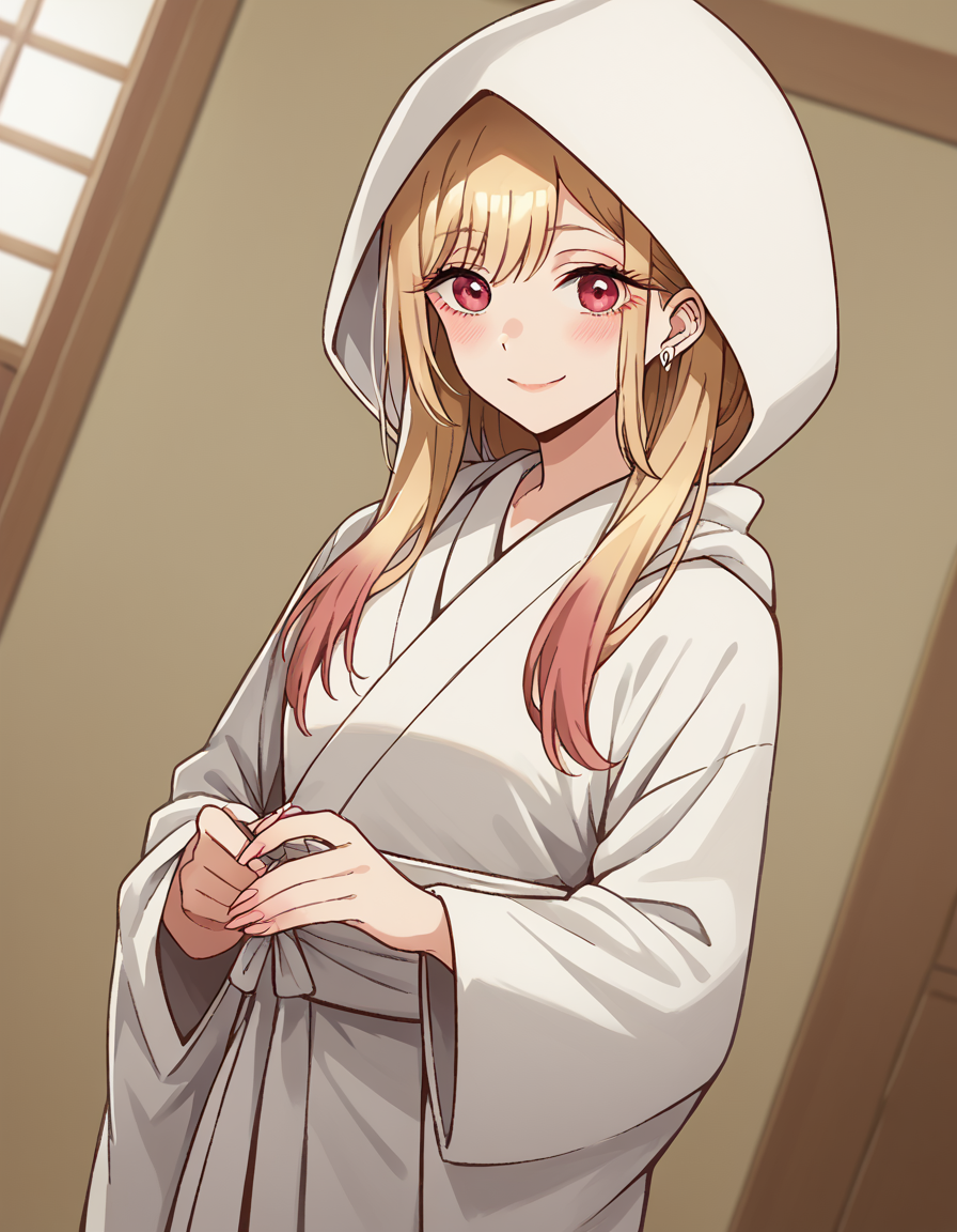 score_9, score_8_up, score_7_up, source_anime, marinkitagawa, <lora:marin-kitagawa-ponyxl-lora-nochekaiser:1>, marin kitagawa, long hair, bangs, blonde hair, red eyes, multicolored hair,, <lora:uchikake-ponyxl-lora-nochekaiser:1>, uchikake, wataboushi, shiromuku, white kimono, hooded kimono, bride, japanese clothes, hood,, indoors, wedding, smile, blush,, cowboy shot, dutch angle, looking at viewer,