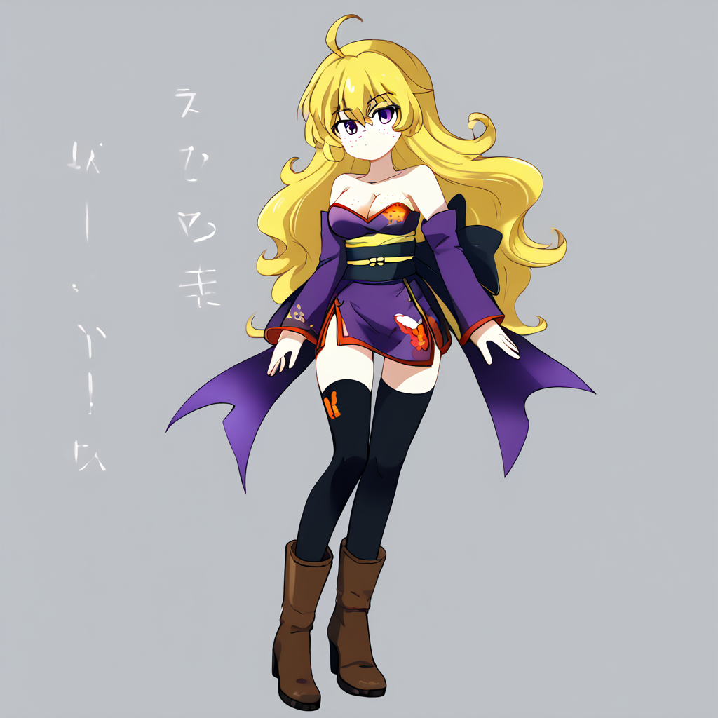 <lora:eromame:1.2>  <lora:AyaneOutfitNew:1> ayaneoutfit, thighhighs, bare shoulders,  cleavage, sash, obi, zettai ryouiki, strapless dress, high heels, ankle boots, strapless, boots, tube dress, detached sleeves, long sleeves, side slit, butterfly print, back bow, short dress,   <lora:sdxl-rwby-yang-pony:0.8> rwby_yang, blonde hair, long hair, ahoge, wavy hair, bangs, hair between eyes, purple eyes, freckles