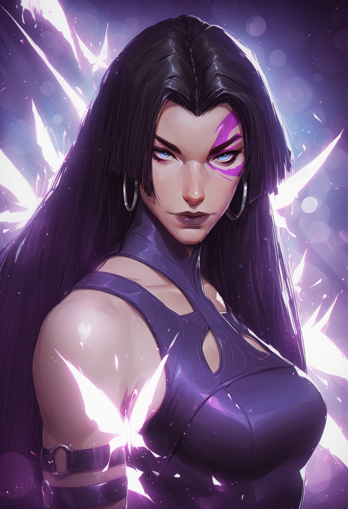 (EyesHD:1.2), (4k,8k,Ultra HD), ultra detailed, masterpiece, best quality, amazing quality, highres, absurdres, very aesthetic, very awa, western, cartoon, shiny skin, skindentation, nosima, laurelin, nilual, chromatic aberration,, 1girl, solo, psylocke_vengeance, blue eyes, black hair, straight hair, long hair, hoop earrings, jewelry, 
BREAK,
looking at viewer, face focus, close up,, bokeh, luminescent background, glowing butterfly,, raytracing, hyper detailed, volumetric lighting, lazypos, intricate details, <lora:PsylockeVengeance_Illu_Dwnsty:0.8000000000000002> <lora:laurelin-guy90-Illust-LoraV1:0.45000000000000007> <lora:AmiThompson-adafactor-guy90:0.30000000000000004> <lora:Dramatic_Lighting_Slider:0.45000000000000007> <lora:spo_sdxl_10ep_4k-data_lora_webui:1.2000000000000002>