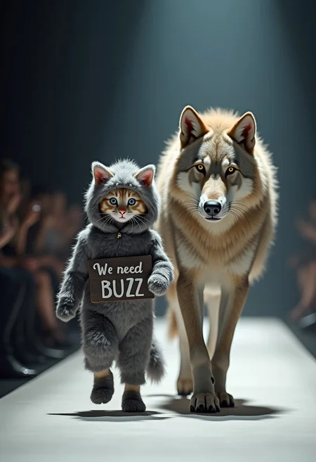 Create a detailed, photorealistic image of an anthropomorphic Mankikon stumpy kitten walking down a fashion catwalk in a wolf-themed costume. The kitten is wearing a fluffy grey wolf costume with pointy ears and walking next to a truly majestic wolf. This scene should capture the contrast between the kitten's innocence and the wolf's power. The background should be a dimly lit catwalk and a blurred audience, putting the focus on the kitten and the wolf walking confidently down the catwalk. The image should evoke a sense of strength and companionship between the kitten and the wolf, like a fashion show a sign written"We need BUZZ"