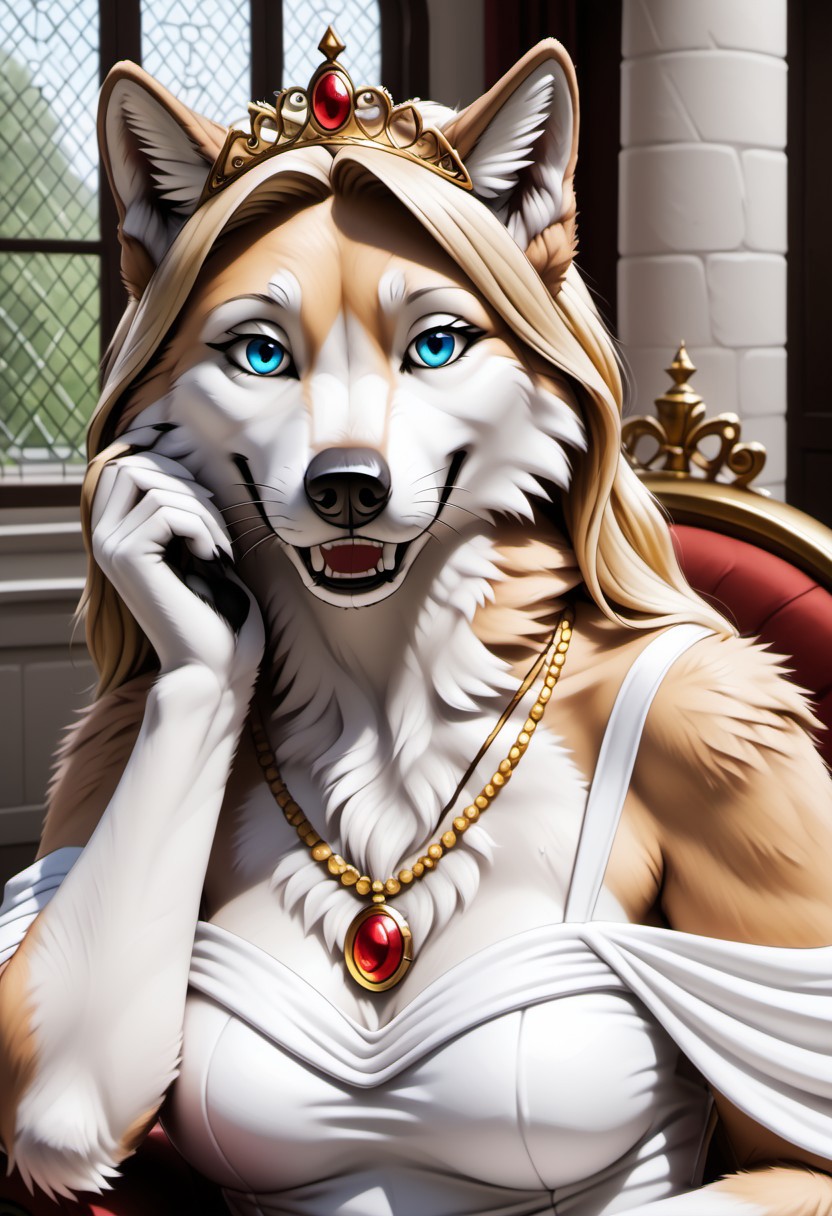 anthro, female wolf, artic wolf, voluptuous figure, tufted fur, tufted ears, cheast tuft, fluffy canine tail, detailed fur, whiskers, seductive look, long blonde hair, golden fur, blue eyes, canine teeth, solo, golden tiara, golden necklace, dress, medium breasts, opera house, sitting in chair, white royal dress, playing with hair, hand in hair,
