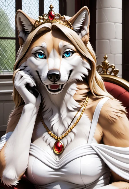 anthro, female wolf, artic wolf, voluptuous figure, tufted fur, tufted ears, cheast tuft, fluffy canine tail, detailed fur, whiskers, seductive look, long blonde hair, golden fur, blue eyes, canine teeth, solo, golden tiara, golden necklace, dress, medium breasts, opera house, sitting in chair, white royal dress, playing with hair, hand in hair,