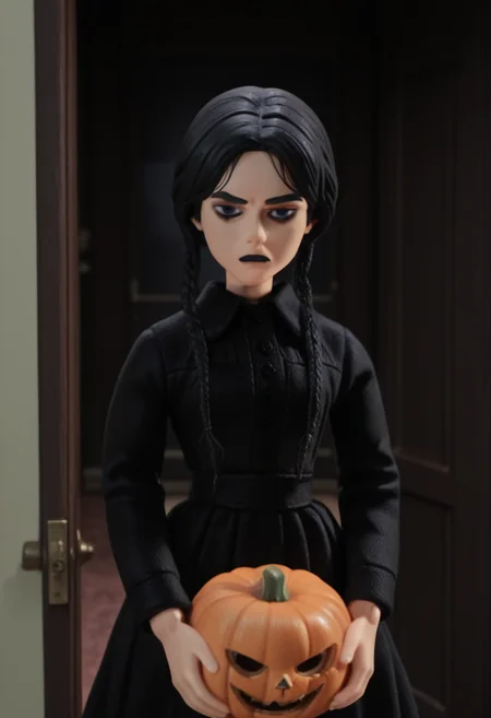 r0b0style, 3d figure, masterpiece, best quality, solo, wednesday addams, black hair, black dress, unimpressed, holding a pumpkin, midnight, pov from viewer opening front door,