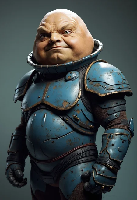 Hyperrealistic portrait of a Sontaran warrior from Doctor Who, posing for the camera against a simple, neutral background. The Sontaran's distinctive potato-like head dominates the frame, its brown, leathery skin textured with pores and subtle wrinkles. Small, deep-set eyes gleam with intelligence and a hint of aggression beneath a prominent brow ridge. The wide, lipless mouth is set in a determined expression, revealing glimpses of teeth.
The Sontaran wears its iconic armor: a sleek, metallic blue-gray bodysuit with intricate patterns and tech-like embellishments. The armor's collar rises high around the neck, emphasizing the warrior's stocky build. Subtle battle scars and wear marks on the armor suggest years of combat experience.
Lighting is even but slightly dramatic, accentuating the Sontaran's unique facial features and the curves of its armor. The background is a soft, out-of-focus gradient, perhaps a muted blue or gray, allowing the Sontaran to stand out clearly.
The warrior's pose is proud and militant - chest puffed out, shoulders back, head held high. One three-fingered hand might rest on a weapon at its hip, while the other is clenched in a fist at its side.