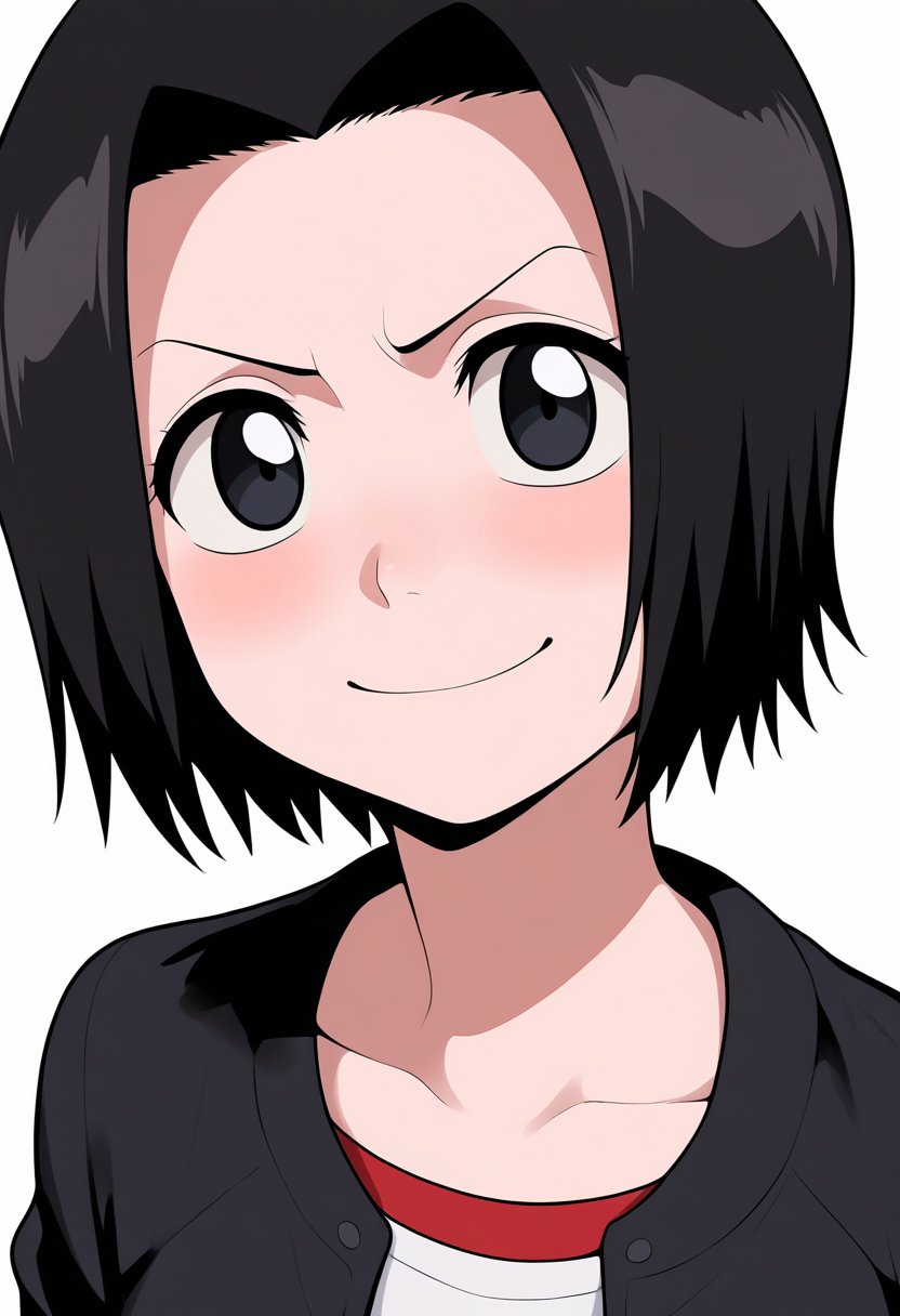 best quality, amazing quality, very aesthetic, absurdres,
1girl, karinkurosaki, black eyes, black hair, short hair,
black jacket, white shirt,
upper body, smile,
looking at viewer, solo, simple background, white background,  <lora:KarinKurosakiYoungNoobXL_byKonan:1>