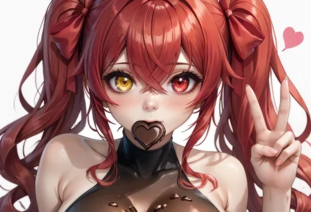 score_9,score_8_up,score_7_up,score_6_up,score_5_up,score_4_up,<lora:Anime_Style_For_Pony:0.5>,source_anime,perfect eyes,1girl,bare shoulders,black leotard,breasts,candy,chocolate,collarbone,covered navel,crossed bangs,entangled,food,food in mouth,hair between eyes,hair intakes,hair ribbon,heart,heart-shaped chocolate,heart-shaped food,heterochromia,large breasts,leotard,long hair,red eyes,red hair,red ribbon,ribbon,sidelocks,simple background,solo,twintails,v,v over mouth,virtual youtuber,white background,yellow eyes,