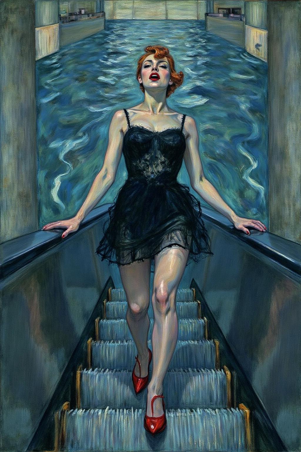 lautrec1 painting
 a woman in a chic little black dress and vibrant red high heels, gracefully descending an escalator. She wears black lipstick and is screaming. Her attire exudes elegance and sophistication, with the red heels providing a bold pop of color against the classic black dress. The escalator itself, typically found in a mall or airport, leads downwards into an unexpected and dreamlike destinationâ -- pool of rippling water. The water is blue and ripples as the escalator's steps disappear beneath the surface. The woman's posture is poised and confident, as she seems unperturbed by the unusual surroundings. The overall atmosphere is a blend of high fashion and surreal fantasy, capturing a moment that is both elegant and otherworldly, <lora:lautrec4_nocap_d6a3:1.0><lora:813633553955968467:0>