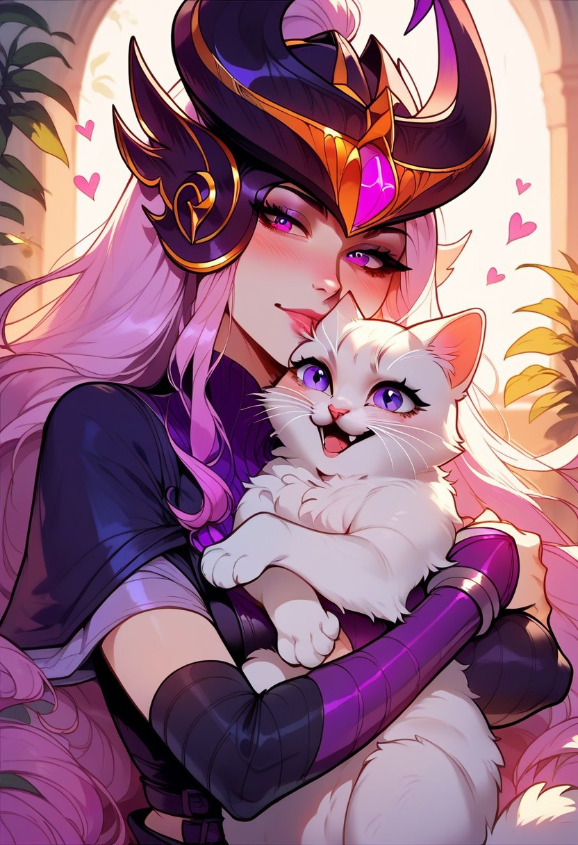 score_9, score_8_up, score_7_up, score_6_up,  <lora:p3tl0v3XLP:1> p3tl0v3, 1girl, Syndra, hugging a white cat, little kitten, purple eyes