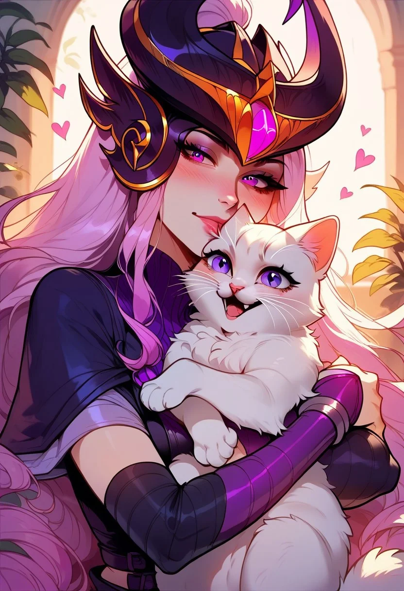 score_9, score_8_up, score_7_up, score_6_up, <lora:p3tl0v3XLP:1> p3tl0v3, 1girl, Syndra, hugging a white cat, little kitten, purple eyes