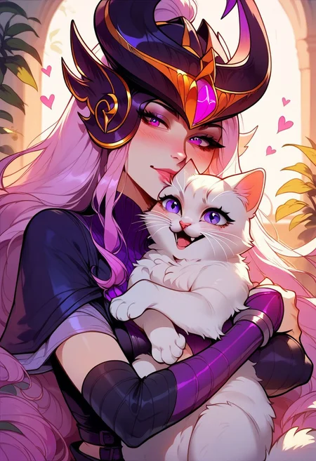 score_9, score_8_up, score_7_up, score_6_up, <lora:p3tl0v3XLP:1> p3tl0v3, 1girl, Syndra, hugging a white cat, little kitten, purple eyes
