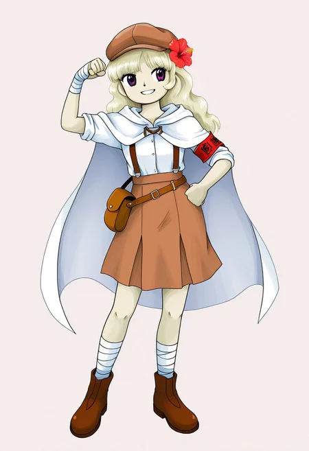 watercolor, aesthetic, colorful, jaggy lines, zun \(style\), BREAK, 1girl, solo, (short, broad shoulders, (purple_eyes:1.2), light blonde hair, long hair, bangs, newsboy cap, (Spider hibiscus, flower in hair), (red_armband:1.2), white button up shirt, tucked, rolled sleeves, skirt, white cloak, hood, hood down, white leg wraps, leg wraps, hand wraps, brown suspenders, brown satchel, brown footwear, brown headwear, brown skirt), full body, smiling, grin, confident, flexing arm, one arm up, one arm on hip, standing, simple background