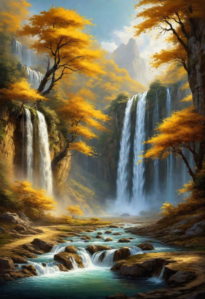 a landscape of a waterfall with gold water,
 masterpiece, highly detailed,
EdobHorrorLandscape,