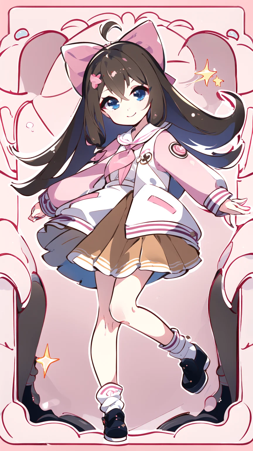 masterpiece, best quality, 1girl, solo, <lora:jiaranV23:1>, jiaran, official dress, pink hair bow, brown hair, long hair, blue eyes, pink and white jacket, neckerchief, white socks, light smile, looking at viewer, full body, brown skirt, long sleeves, dynamic pose, closed mouth, <lora:yuzusoft-chibiV2:0.6>, chibi, pink background, <lora:animetarotV41:1>, tarot