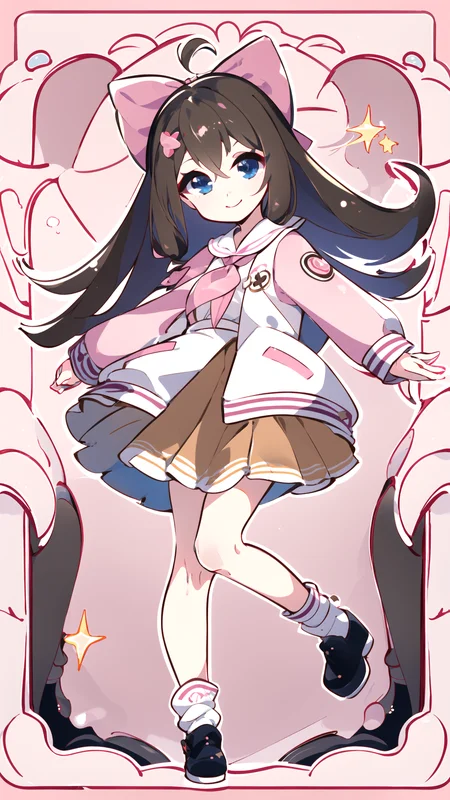 masterpiece, best quality, 1girl, solo, <lora:jiaranV23:1>, jiaran, official dress, pink hair bow, brown hair, long hair, blue eyes, pink and white jacket, neckerchief, white socks, light smile, looking at viewer, full body, brown skirt, long sleeves, dynamic pose, closed mouth, <lora:yuzusoft-chibiV2:0.6>, chibi, pink background, <lora:animetarotV41:1>, tarot
