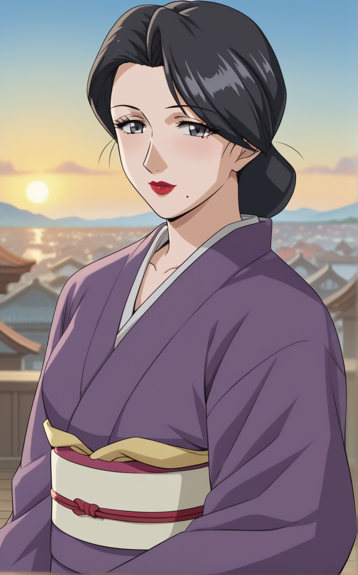 score_9, score_8_up, score_7_up, contrapposto, hand on hip, sunset, sidelighting, cityscape, vanishing point, outdoors, depth of field, solo, looking at viewer,   <lora:PONYXL_MistreatedBride_SumieTakayanagi_ownwaifu:1>, BREAK PurpleKimono_SumieTakayanagi_ownwaifu, 1girl, black hair, breasts, grey eyes, japanese clothes, lipstick, makeup, mature female, mole under mouth, purple kimono, red lips, single hair bun, obi, sash, short hair, long sleeves, collarbone, hair bun, eyelashes, lips, swept bangs, wedding ring, wide sleeves, white skin,<lora:add-detail-xl:0.15>,