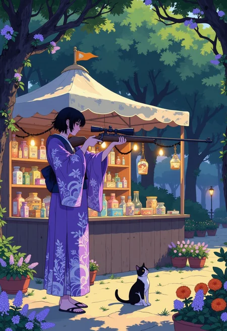 A serene street scene featuring a young woman standing at fairgrounds surrounded by lush greenery and vibrant orange flowers.
shooting range with prizes, fairgrounds, plush toy tent, holding a rifle gun, holiday, shooting range at fairgrounds.
in the style of cksc, i11ustmin Illustration.
The woman is dressed in a flowing purple kimono adorned with white floral patterns and black ornament. Her short black hair are messy, with a few strands framing her face. She aims with a rifle gun. Her posture is relaxed, and her expression is calm, blending harmoniously with the peaceful atmosphere. The shooting range tent is fully stocked with a variety of prizes, and its surface reflects the dappled sunlight filtering through the surrounding foliage. Beside her stands a cat, looking off to the side with an alert expression. Scattered around the fairgrounds are small potted plants filled with lilac and light blue night flowers, adding a splash of color to the scene.
The background is a canopy of dense greenery intertwined with light purple blossoms, framing the tent and adding depth to the composition. The lighting is soft and natural, suggesting a late night.
